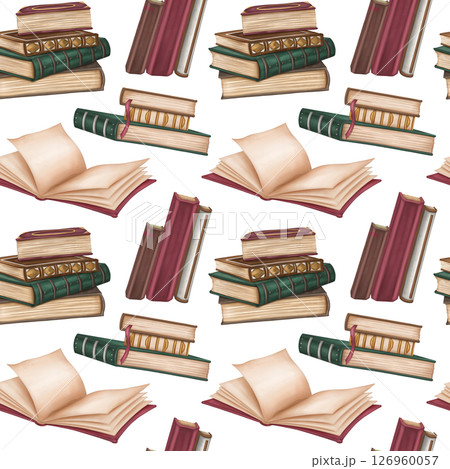 Seamless pattern with antique hardcover books decorated with metal and ornaments. Stacks of books, open empty diary, notebook. Old magic schools, education. Victorian style, information and education 126960057