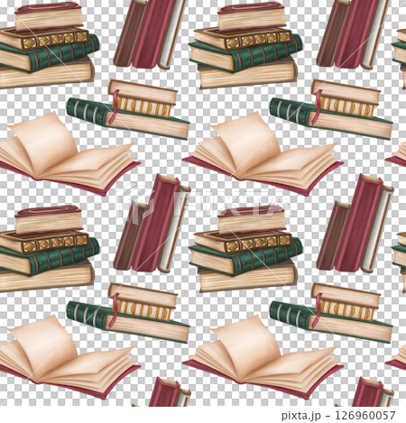Seamless pattern with antique hardcover books decorated with metal and ornaments. Stacks of books, open empty diary, notebook. Old magic schools, education. Victorian style, information and education 126960057