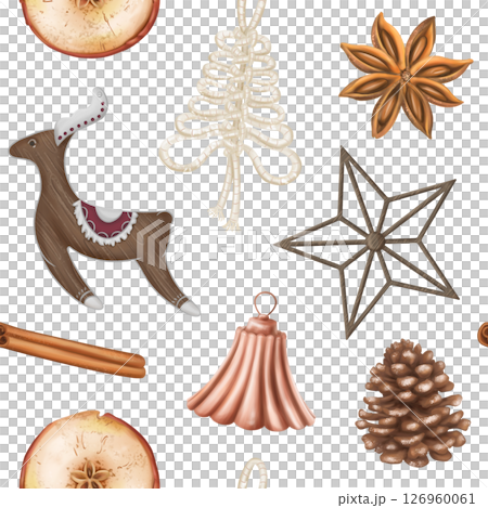 Seamless Christmas pattern made of natural organic decorations, pine branch, cone, orange, cinnamon. Sustainable Christmas celebration, winter recyclable materials. Hand drawn drawing, background 126960061