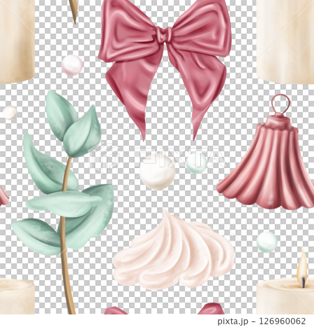 Seamless pattern of vintage pastel bow, bell, candle, eucalyptus, cream. Romantic beautiful digital illustration, repeating background. Natural decoration, invitations design, date, greeting card Seamless pattern of vintage pastel bow, bell, candle, eucalyptus, cream. Romantic beautiful digital illustration, repeating background. Natural decoration, invitations design, date, greeting card 126960062