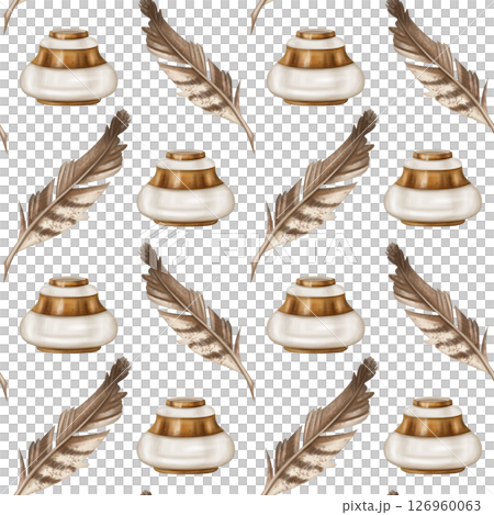 Seamless pattern with gold decorated inkwell and bird pen for writing. Retro style, royal atmosphere. Vintage jewelry for letters, postcards, invitations, Gothic, Victorian and classical styles 126960063