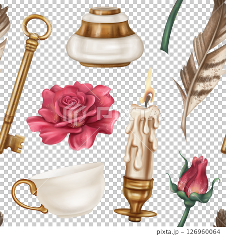 Seamless pattern with retro inkwell and writing pen, teacup, red roses, gold candle holder, key. Royal atmosphere, Gothic. Old vintage decorations in classic style. Office supplies, postcard design 126960064