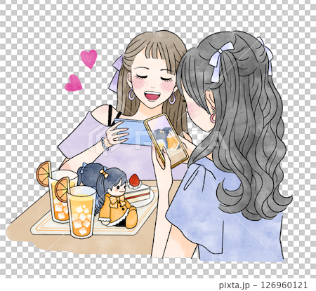 Illustration of a woman taking photos of her favorite stuffed animal at a cafe 126960121