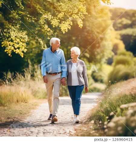 senior couple walking in the park 126960415