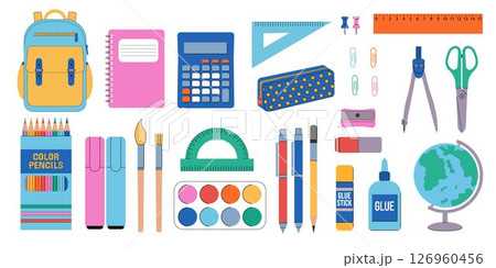 Back to school. Set of school supplies and stationery. Vector illustration. Back to school. Set of school supplies and stationery. Vector illustration. 126960456