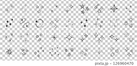 閃閃發光的手繪星光向量插圖。一組塗鴉圖標。耀眼奪目、閃閃發光的明亮派對燈。 126960470