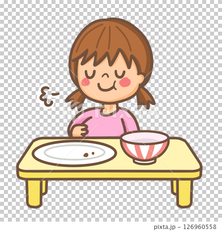 女の子がお腹いっぱいでごちそうさまをしているイラスト 126960558