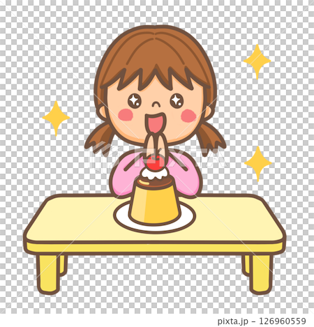 一個女孩在布丁甜點前看起來很開心的插圖 126960559