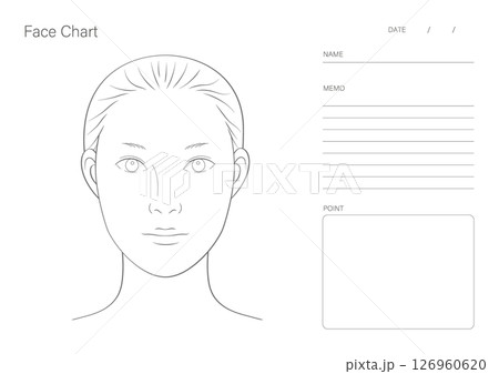 メイク練習・美容カウンセリング用のA4横型フェイスチャートテンプレート（女性・線画・メモ欄付き） 126960620