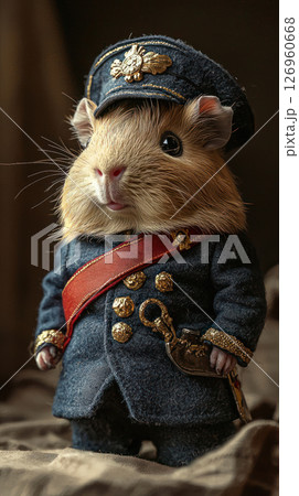 guinea pig dressed in miniature general costume, exuding charm and whimsy. This adorable pet showcases unique outfit with hat and coat guinea pig dressed in miniature general costume, exuding charm and whimsy. This adorable pet showcases unique outfit with hat and coat 126960668