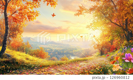 秋の紅葉に包まれた山道 秋の紅葉に包まれた山道 126960812