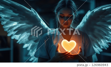 a serene nurse with angel wings gently holding a glowing heart 126960943