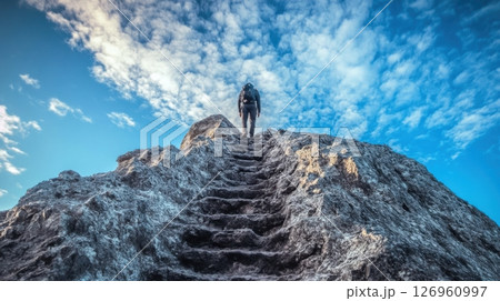 A lone hiker climbs a rugged stone staircase carved into the mountain 126960997