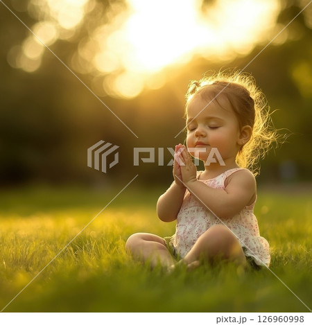 a young child peacefully meditating on grass in warm golden sunlight with eyes closed and hands in prayer position 126960998