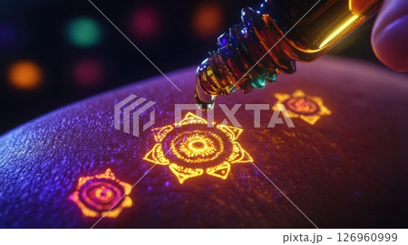 a macro view of a glowing mandala-like tattoo being activated on skin by a drop of colorful herbal tincture 126960999