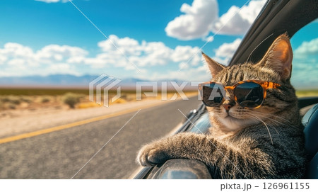 A relaxed tabby cat wearing stylish sunglasses leans out of a car window during a sunny road trip 126961155