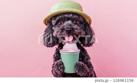 A cheerful black poodle wearing a green bucket hat holds a cup with pink ice cream against a soft pink background 126961156
