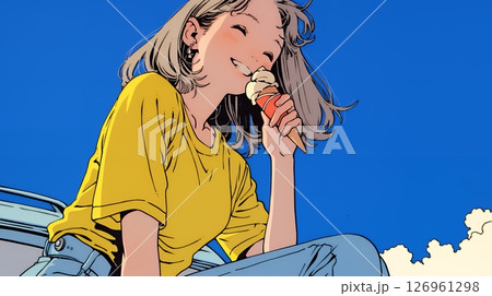 夏空の下でソフトクリーム（コーンに乗ったアイスクリーム）をたべる若い女性