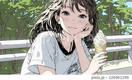 夏空の下でソフトクリーム（コーンに乗ったアイスクリーム）をたべる若い女性