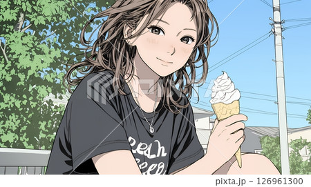 夏空の下でソフトクリーム（コーンに乗ったアイスクリーム）をたべる若い女性