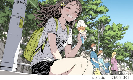 夏空の下でソフトクリーム（コーンに乗ったアイスクリーム）をたべる若い女性