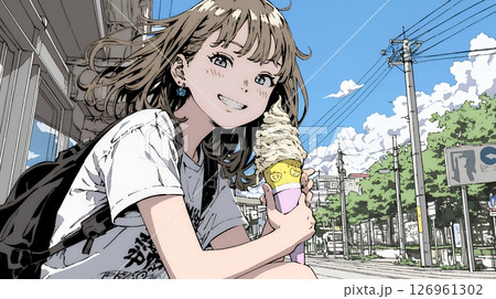 夏空の下でソフトクリーム（コーンに乗ったアイスクリーム）をたべる若い女性