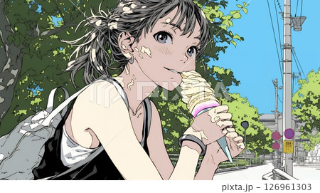 夏空の下でソフトクリーム（コーンに乗ったアイスクリーム）をたべる若い女性