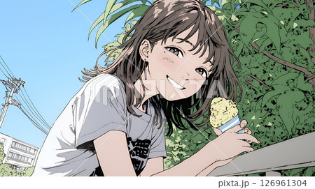 夏空の下でソフトクリーム（コーンに乗ったアイスクリーム）をたべる若い女性