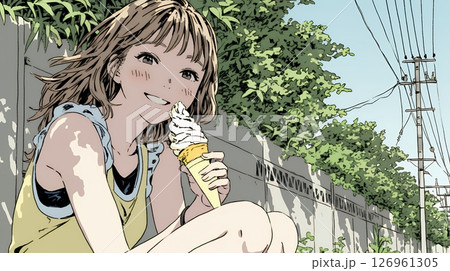 夏空の下でソフトクリーム（コーンに乗ったアイスクリーム）をたべる若い女性