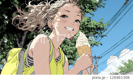 夏空の下でソフトクリーム（コーンに乗ったアイスクリーム）をたべる若い女性