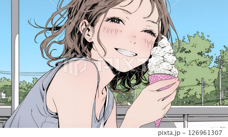 夏空の下でソフトクリーム（コーンに乗ったアイスクリーム）をたべる若い女性