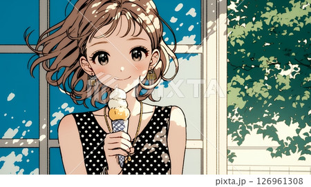 夏空の下でソフトクリーム（コーンに乗ったアイスクリーム）をたべる若い女性