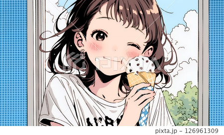 夏空の下でソフトクリーム（コーンに乗ったアイスクリーム）をたべる若い女性