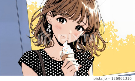 夏空の下でソフトクリーム（コーンに乗ったアイスクリーム）をたべる若い女性