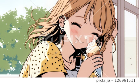 夏空の下でソフトクリーム（コーンに乗ったアイスクリーム）をたべる若い女性