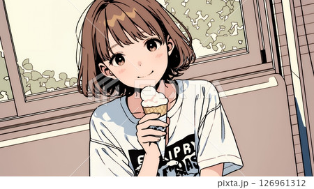 夏空の下でソフトクリーム（コーンに乗ったアイスクリーム）をたべる若い女性