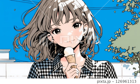 夏空の下でソフトクリーム（コーンに乗ったアイスクリーム）をたべる若い女性