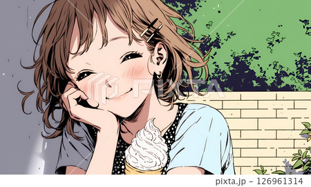 夏空の下でソフトクリーム（コーンに乗ったアイスクリーム）をたべる若い女性