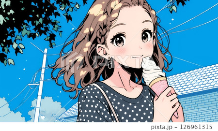 夏空の下でソフトクリーム（コーンに乗ったアイスクリーム）をたべる若い女性
