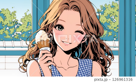 夏空の下でソフトクリーム（コーンに乗ったアイスクリーム）をたべる若い女性