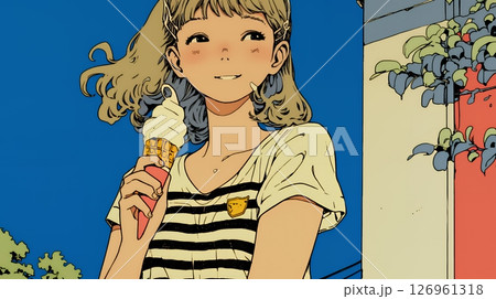 夏空の下でソフトクリーム（コーンに乗ったアイスクリーム）をたべる若い女性