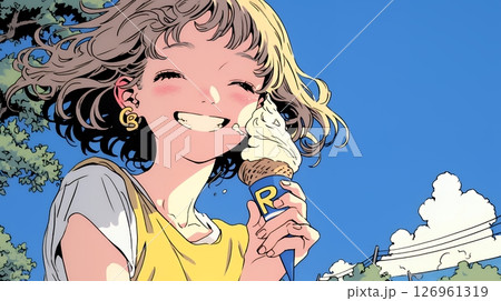 夏空の下でソフトクリーム（コーンに乗ったアイスクリーム）をたべる若い女性