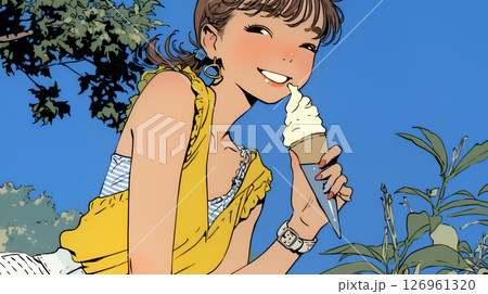 夏空の下でソフトクリーム（コーンに乗ったアイスクリーム）をたべる若い女性