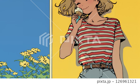 夏空の下でソフトクリーム（コーンに乗ったアイスクリーム）をたべる若い女性