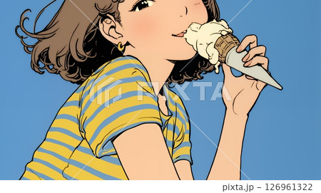 夏空の下でソフトクリーム（コーンに乗ったアイスクリーム）をたべる若い女性