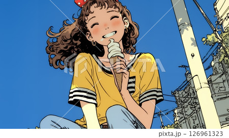 夏空の下でソフトクリーム（コーンに乗ったアイスクリーム）をたべる若い女性