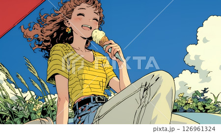 夏空の下でソフトクリーム（コーンに乗ったアイスクリーム）をたべる若い女性
