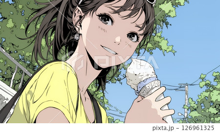 夏空の下でソフトクリーム（コーンに乗ったアイスクリーム）をたべる若い女性