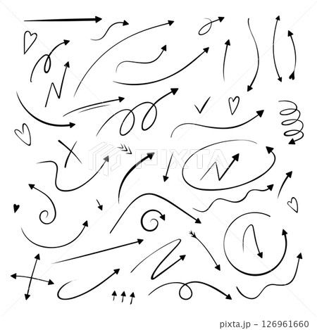 Vector set icons of abstract curved bold arrows Hand drawn grunge pointer. Isolated line for design. 126961660