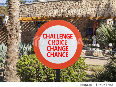 Challenge choice change chance symbol. Concept words Challenge choice change chance on beautiful road sign. Beautiful palm tree background. Business Challenge choice change chance concept. Copy space. Challenge choice change chance symbol. Concept words Challenge choice change chance on beautiful road sign. Beautiful palm tree background. Business Challenge choice change chance concept. Copy space. 126961768